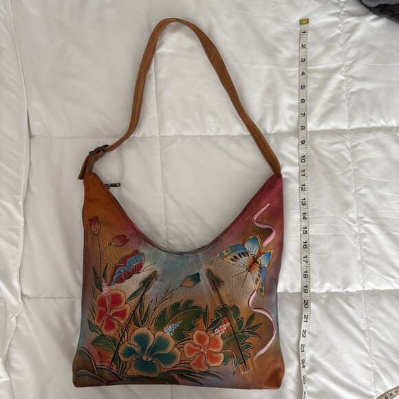 Anuschka Hand Painted Leather Satchel Bag Butterfly Floral Shoulder Bag - Picture 8 of 12